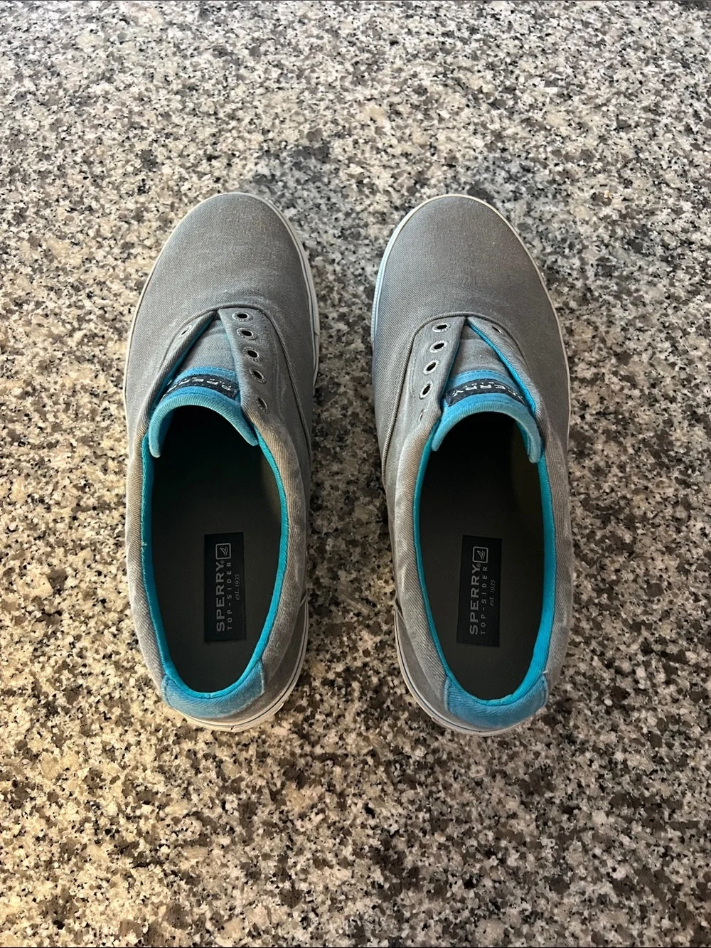 Sperry Gray Canvas Slip-On Boat Shoes with Teal Lining